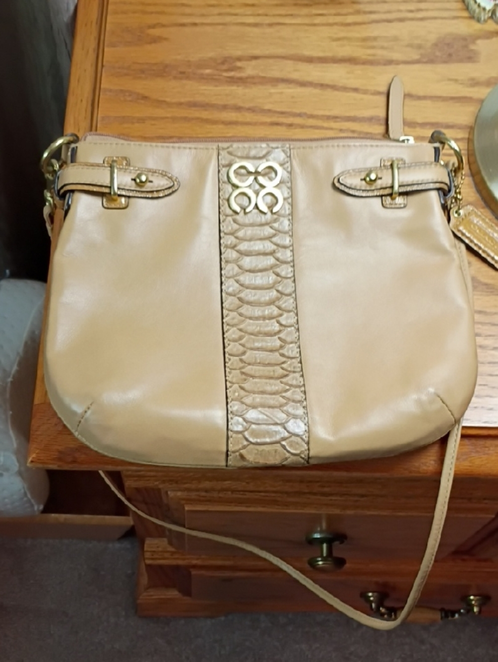 Coach Tan Leather Crossbody Bag with Textured Center Panel
